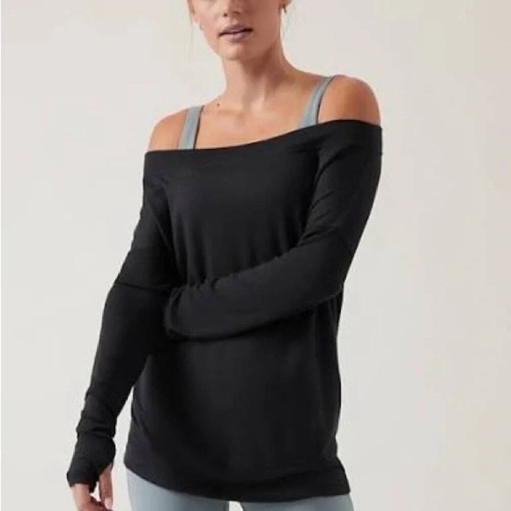 Athleta Women's Black Studio Barre Pullover Off Shoulder Sweatshirt Size Large